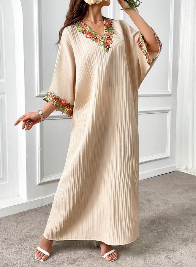 Take Two Women Textured Flower Patch Detail V Neck Jalabiya - Image 1